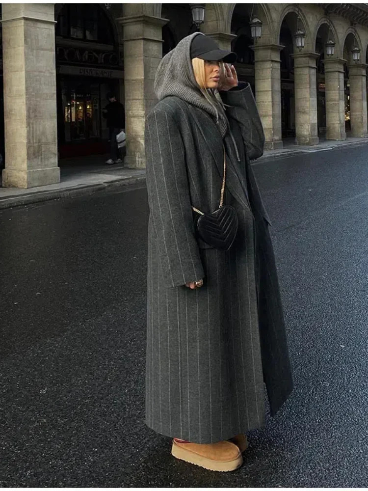 Retro striped lapel wool long coat for womens casual loose dark gray oversized coat for womens winter elegant and chic coat 241019
