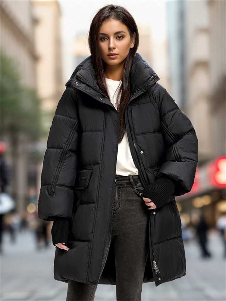 2024 Winter New Womens Loose Padded Down Jackets The Mid-Length Is Thickened Personality Pockets Warm Over-The-Knee JacketX241019