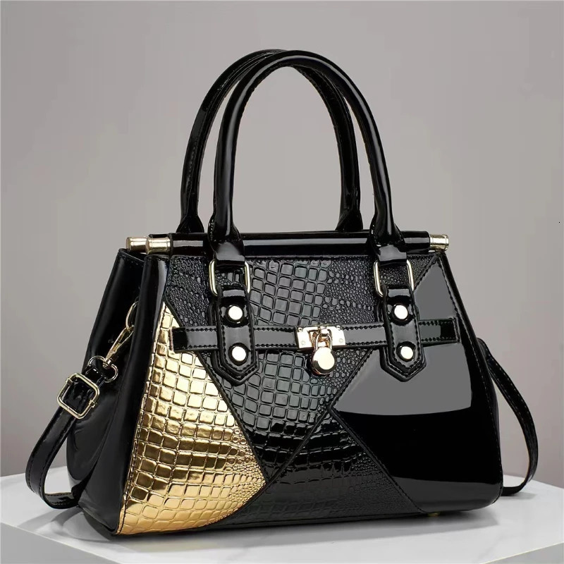 Splicing shiny leather large capacity single shoulder diagonal shoulder strap womens bag pattern handbag PU cross body bag 241018