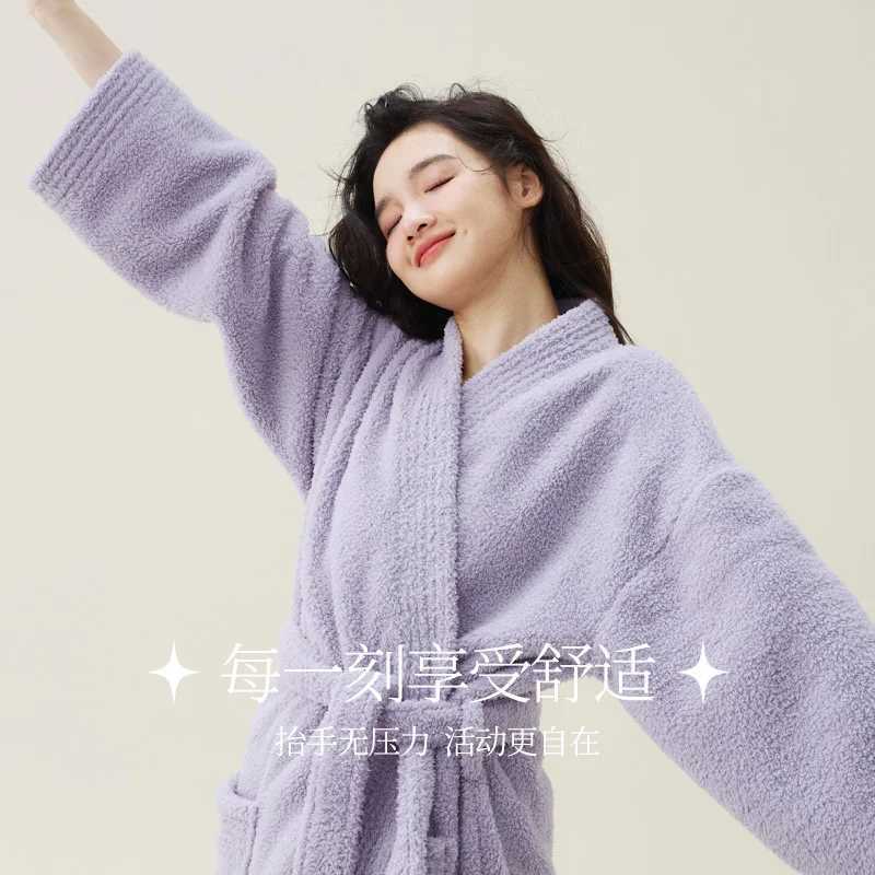 Autumn Winter New Couple Nightgown Coral Plush Plus Thick Plush Mens and Womens Extra Long Solid Causal BathrobeXJ241018