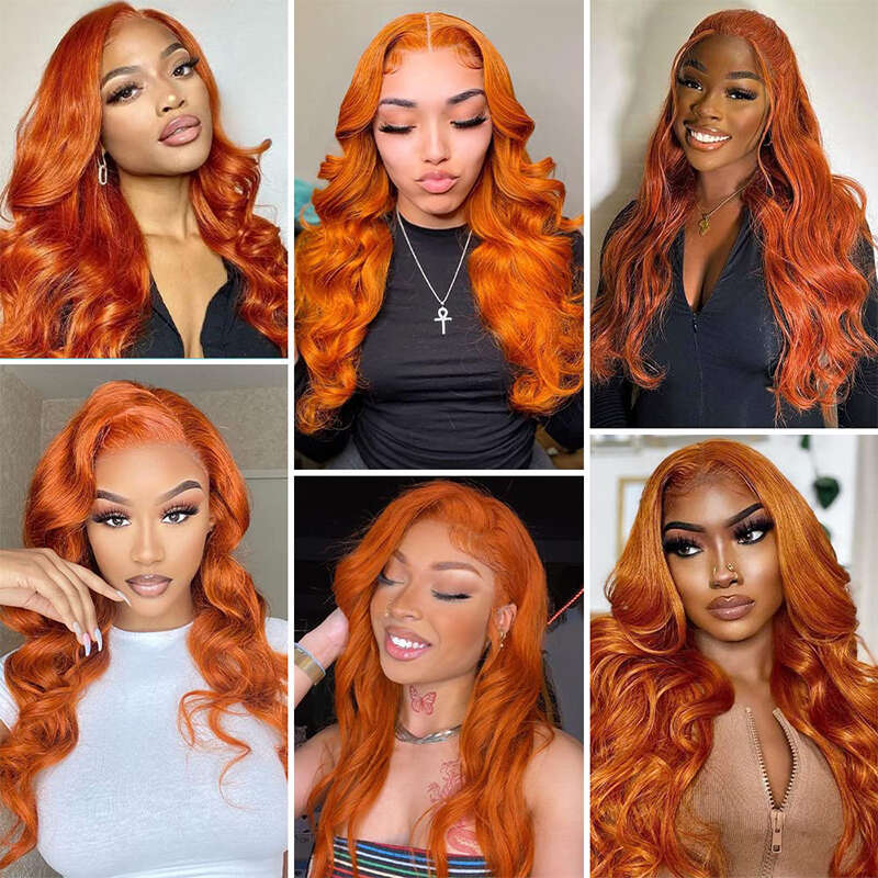 Orange Body Ginger Wave x Transparent Lace Front Wig Human Hair for Women Colored Pre Plucked Natural Hairline line