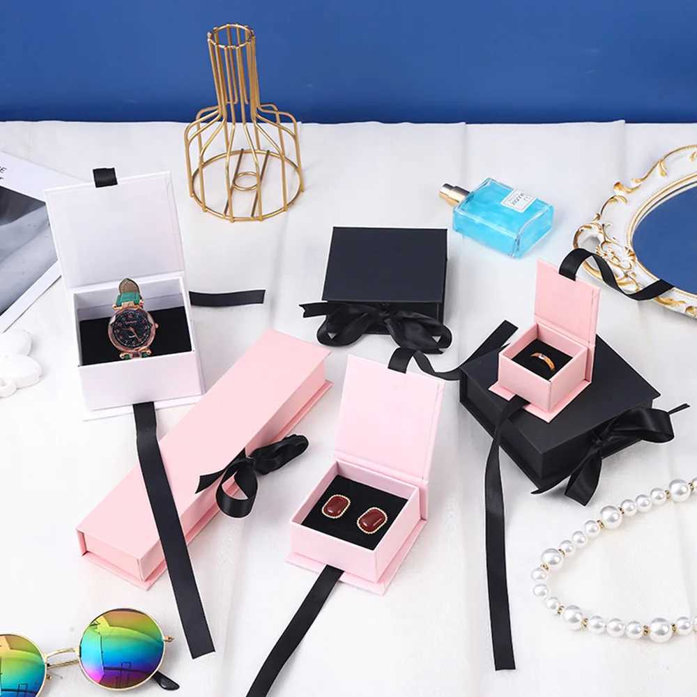 2024 New Jewelry Organizer Ribbon Flip Jewelry Packaging Paper Box Greeting Card Necklace Earrings Bracelet Gift Storage Box W241019