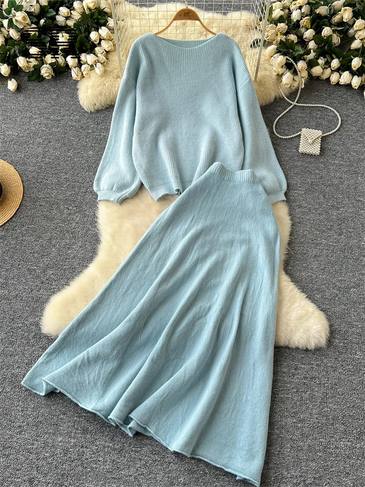 Singreiny Gentle Korean 2-piece Womens Autumn Loose SweaterElastic Waist Dress Womens Basic Knitted Two Piece Set 241018