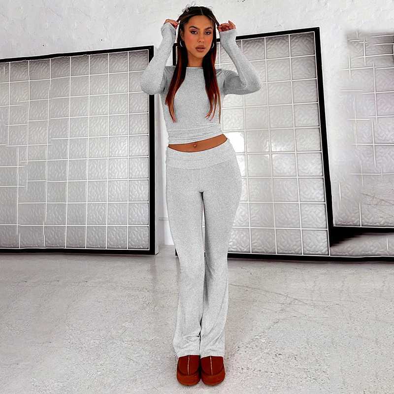 Women's Two Piece Pants CUTENOVA Womens Spring Casual 2-piece Set Long Sleve Crew Neck Crop Top Low Waist Flare Pants Casual Set Y2410198I92