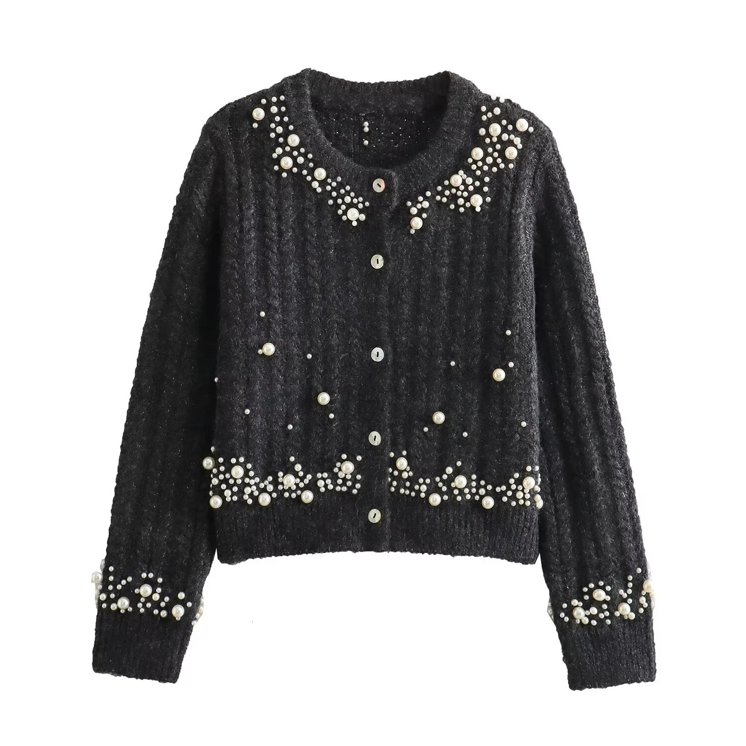 Autumn and winter sweet and fashionable temperature bright pearl craft knitted sweater cardigan wool sweater 241019