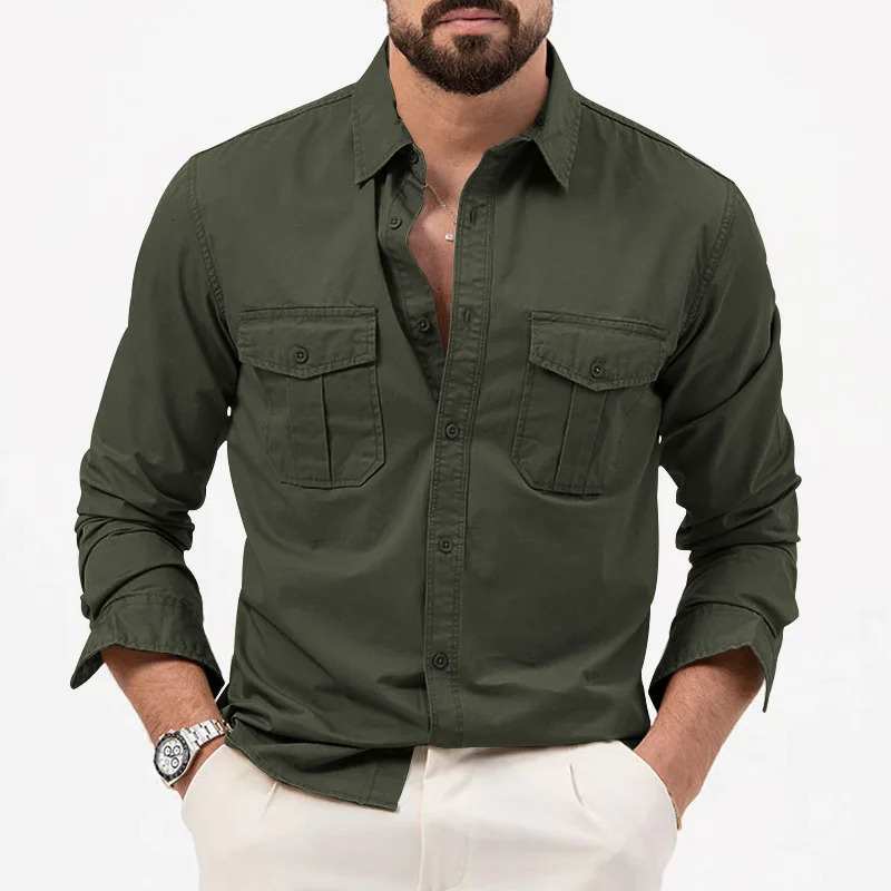 Spring and summer fashion lapel long sleeved solid shirt mens clothing casual button matching American shirt 241007