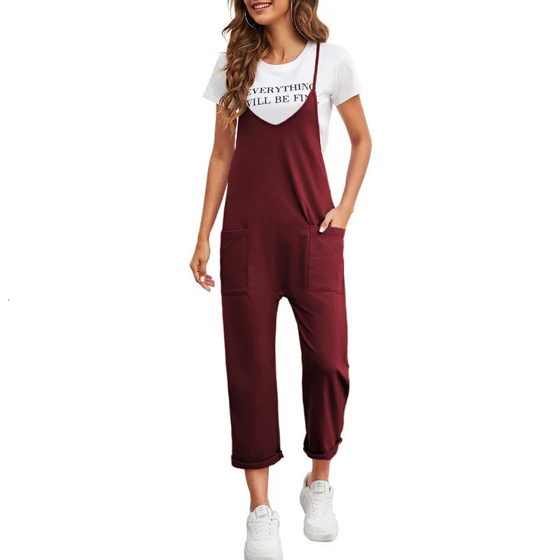 2024 Spring Womens Casual Pocket Pants Solid Loose Strap Straight Jumpsuit 241007