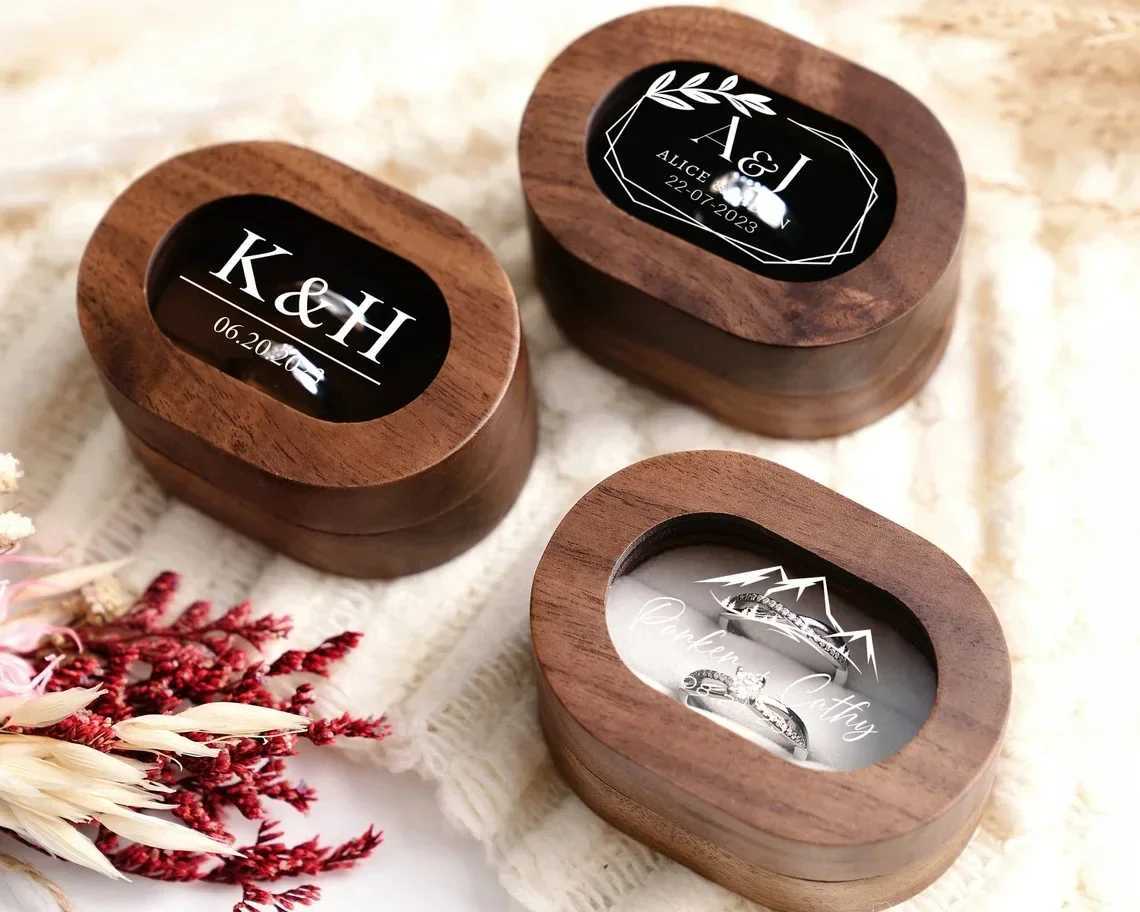 1 free customized wooden wedding ring box transparent personalized carving engagement proposal stand bride gift W241019