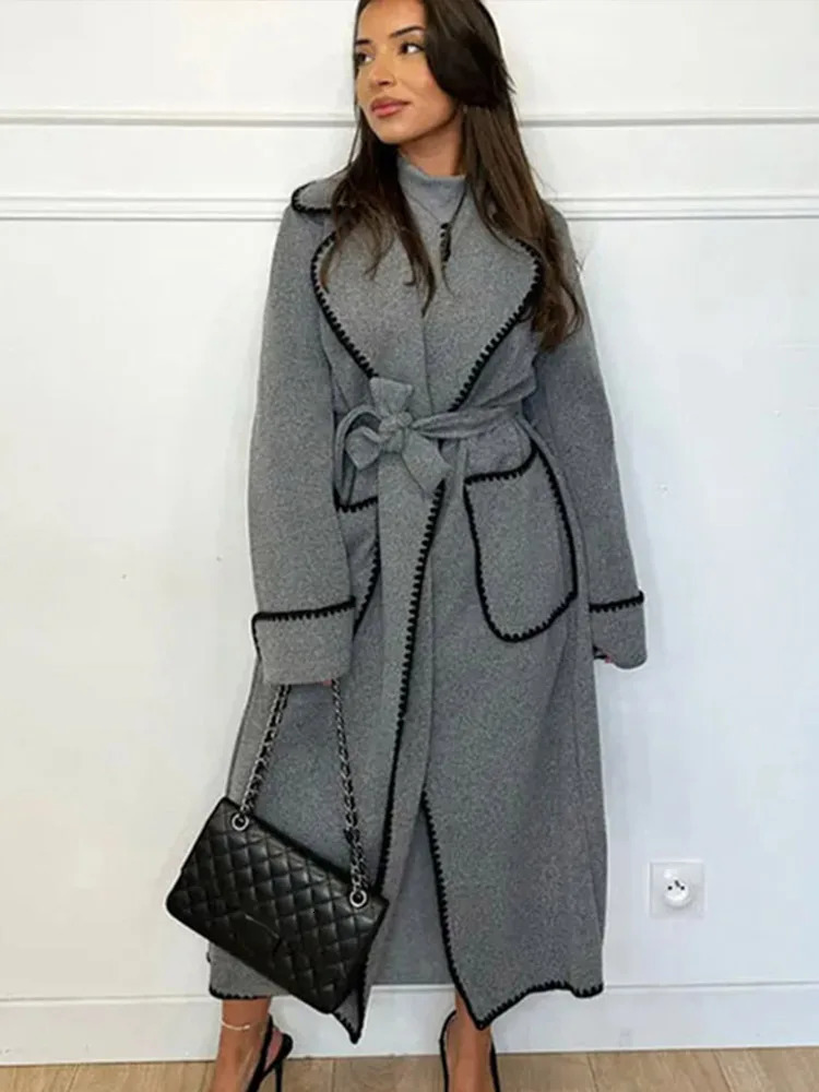 Vintage Striped Long Coat Women Elegant Belts Turndown Collar Pocket Coats 2024 Autumn Winter Chic Sleeve Female Outwear 241010