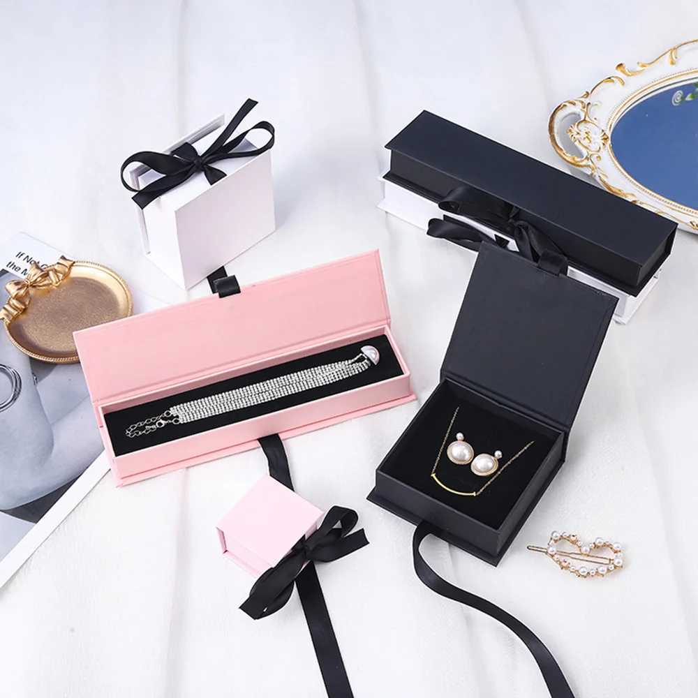 2024 New Jewelry Organizer Ribbon Flip Jewelry Packaging Paper Box Greeting Card Necklace Earrings Bracelet Gift Storage Box W241019