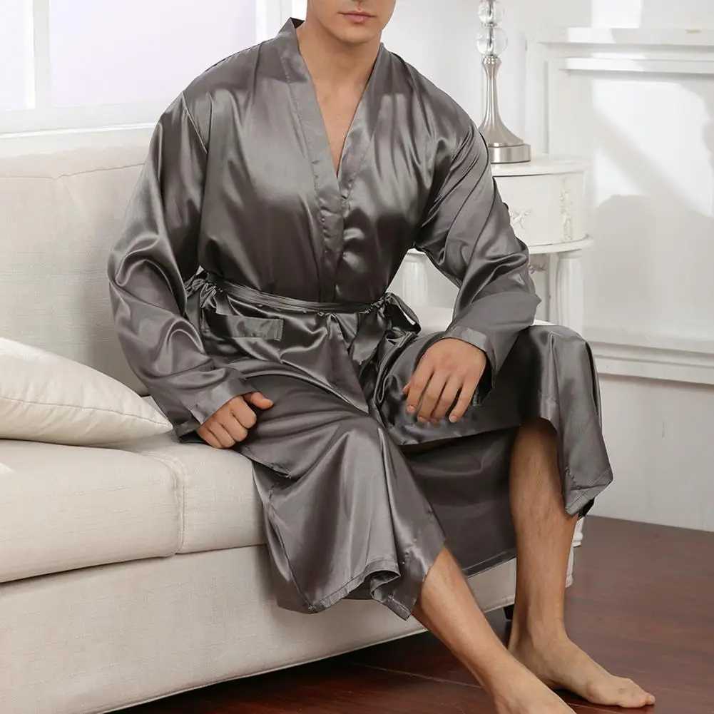 Men Bathrobe Long Nightgown Soft Silk Dressing Gown Bathrobe Lace Up Waist Belted Side Pockets Bathrobe Homewear Bath RobeXJ241018
