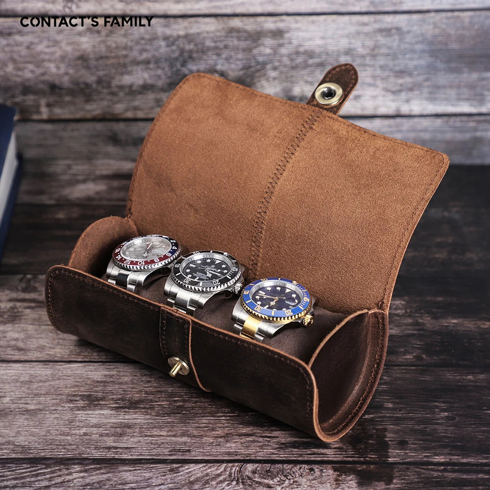 CONTACTs Home Luxury Handmade Watch Roll Box Organizer 3-Slot Watch Travel Leather Case Bracket Suitable for Men and Women with Buckles 241018