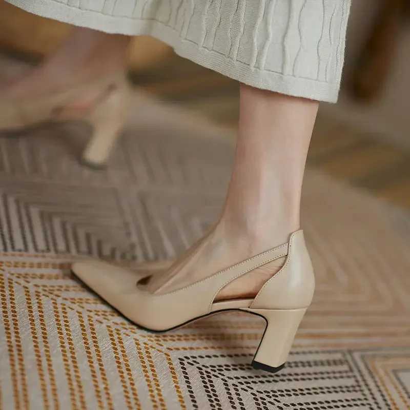 High heels regular leather casual chunky high heels nude womens shoes office shoes womens shoes square toe pumps Y241019