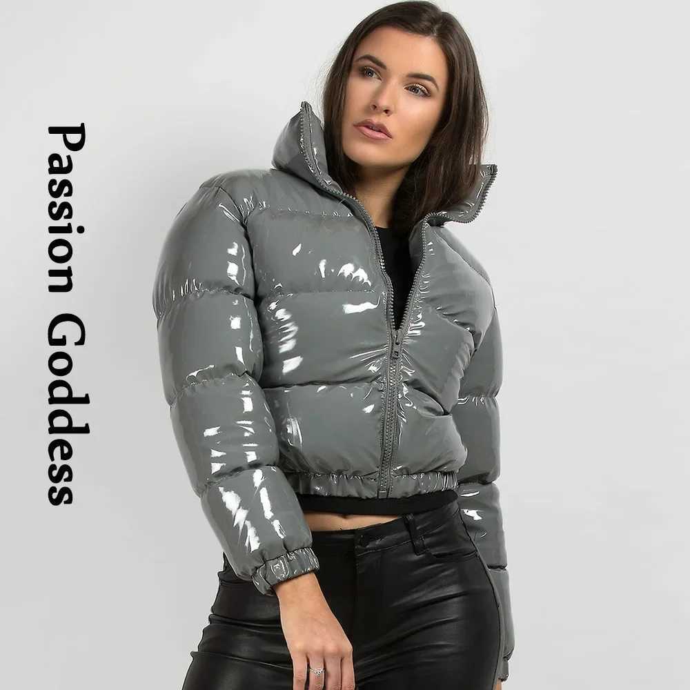 Women's Down Parkas Winter Women Shiny PU Leather Puffer Jackets Thick Cropped Parkas Down Warm Bubble Coats Cute Grey Bright Leather Parka Jacke