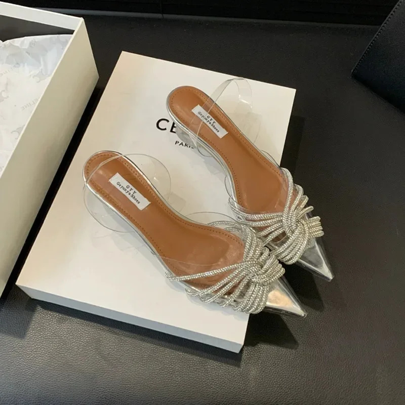 Comemore Sexy Pointed toe Womens Sgback Sandals 2024 Transparent Crystal Low Heels Elegant Simple Ladies Sier Dress Shoes 241019