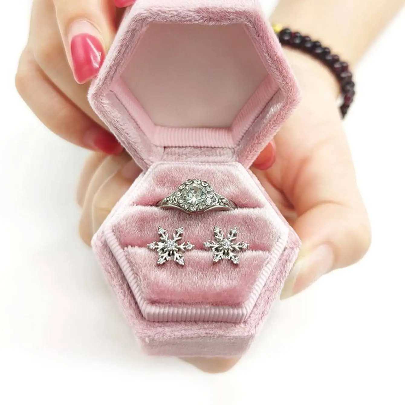 1 velvet double ring box hexagonal wedding ceremony ring box with detachable ceiling box W241019