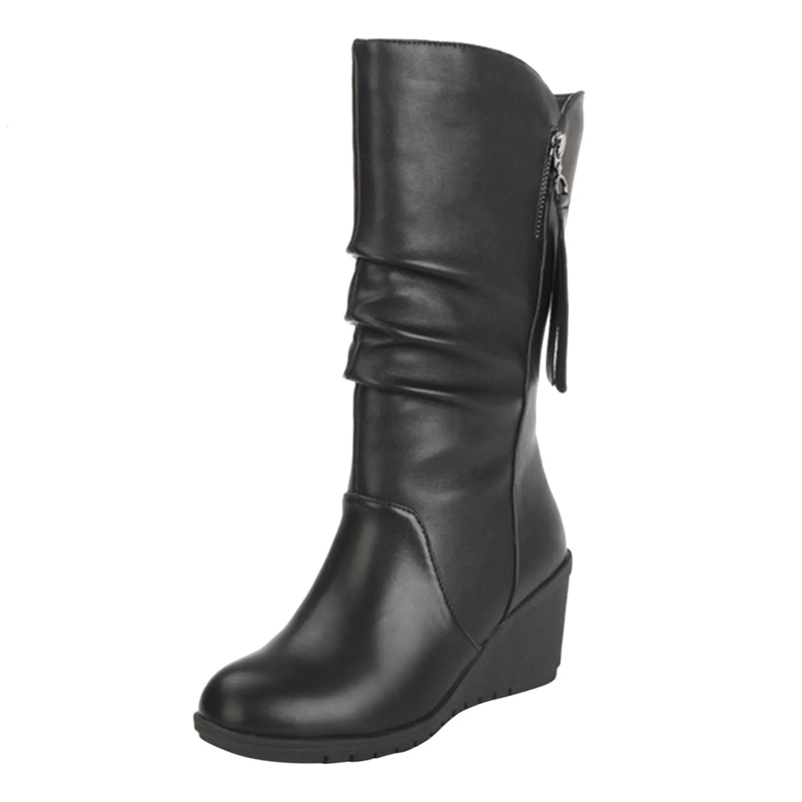 Womens plush autumn and winter round headed leather square heel retro pull rod wedge chain wedge boots 241018