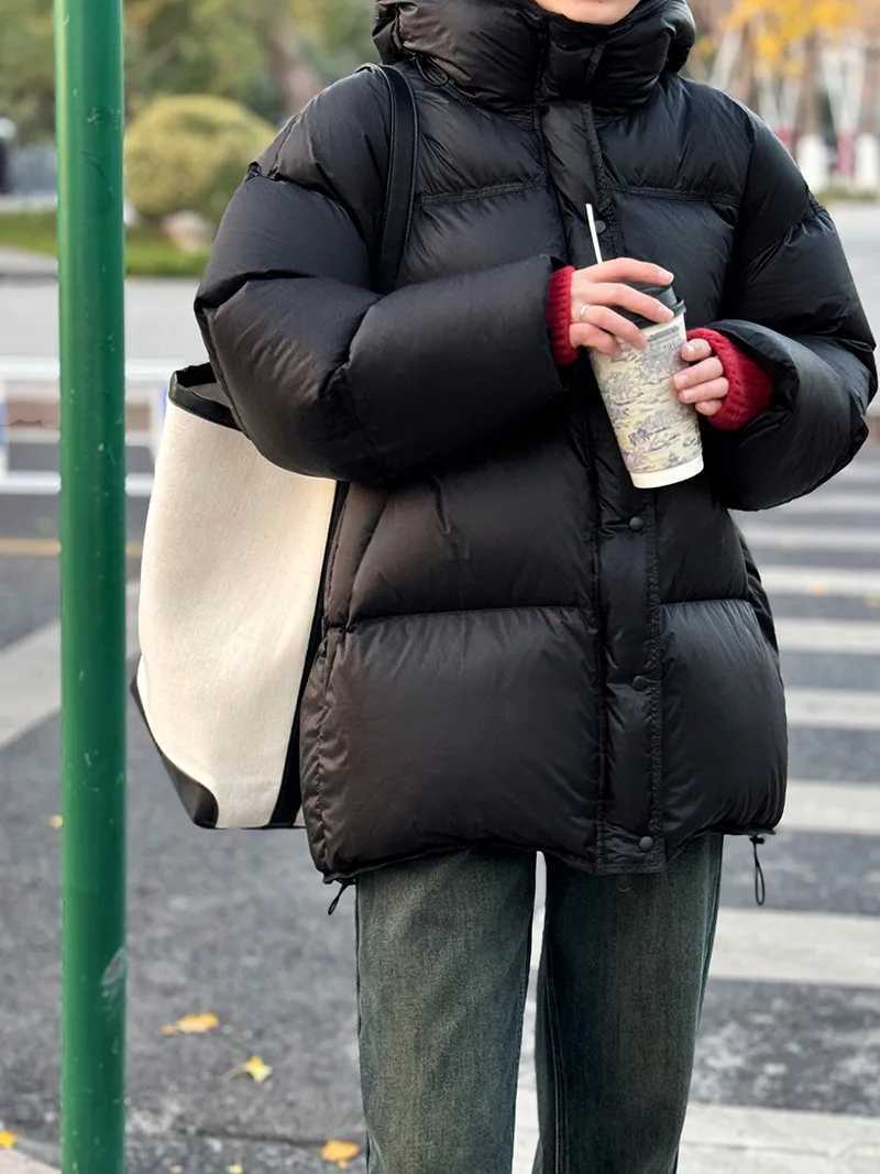 Hooded Down Jacket For Women Medium Length Gathered Waist Thickened And Soft 90% White Duck Down Puffer CoatX241019