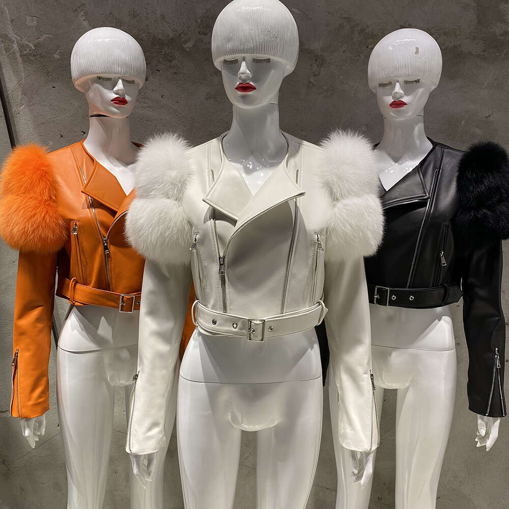 Yoloagain 2023 Autumn Natural Fox Fur Sleeve Genuine Cropped Women Shiny Sliver Leather Jacket Ladies