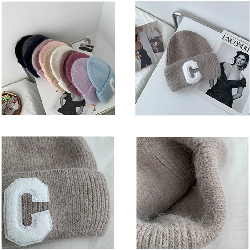Angora Rabbit Fur Pullover Hat for Women Simple C Letter Beanie Winter Warm Girls Knitted Hedging Cap 241007