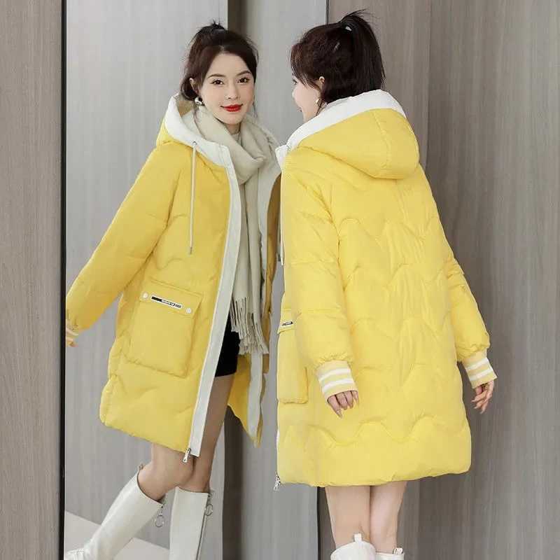 Down Padded Cotton Jacket Womens 2023 New Winter Loose Korean Long Hooded Padded Coat Padded Jacket Thickened Coat Blue YellowX241019