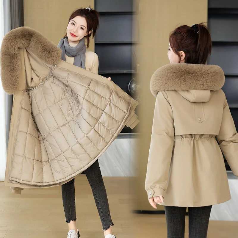 Women Winter Jacket New Down Cotton Coat Mid Long Korean Detachable Cotton Lining Hooded Parkas Female Windbreakers OuterwearX241019