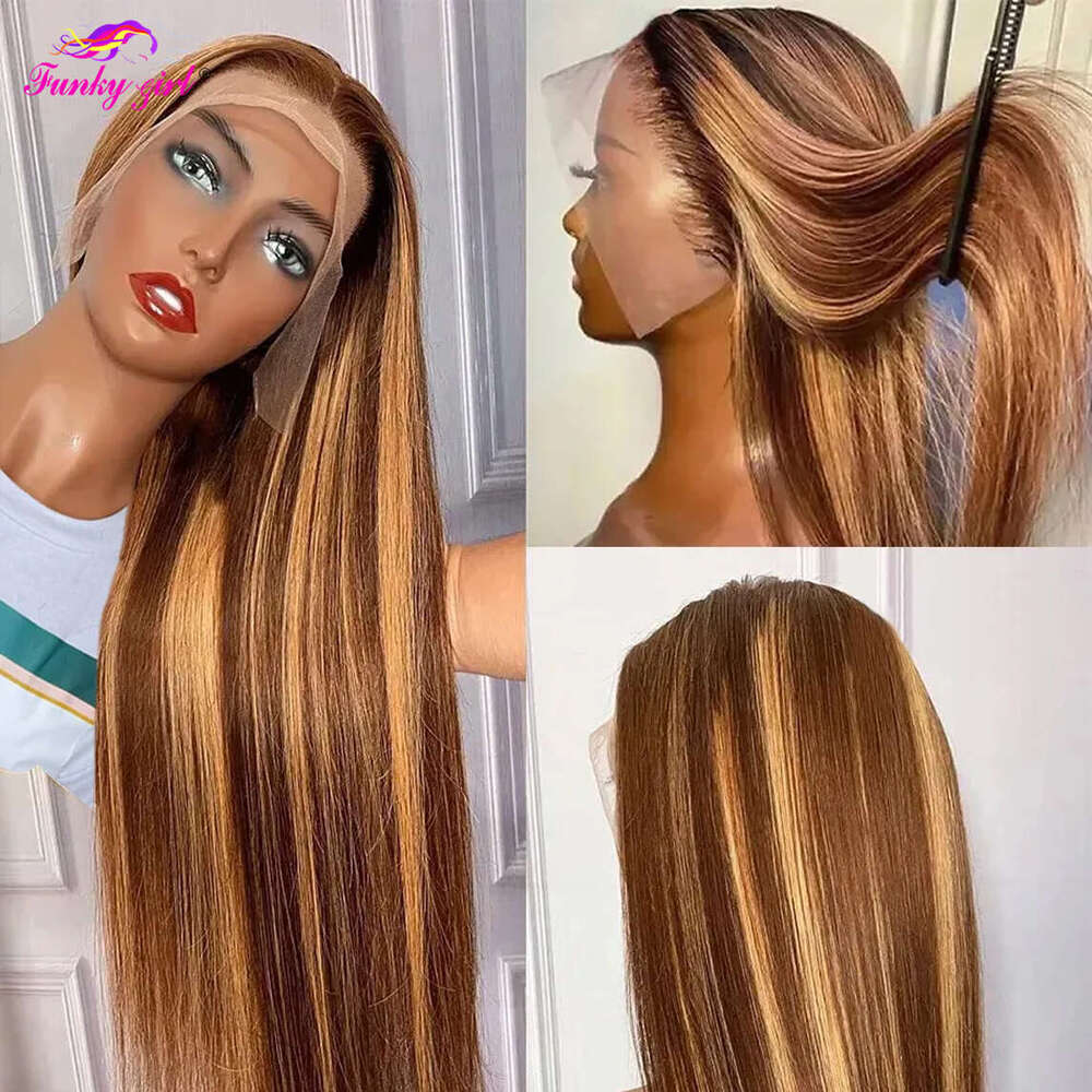 Straight Lace Front Human Hair Ombre Brown Highlight Honey Blonde Color 4/27 Wig 13x6 Transparent Closure 180 Density Wigs
