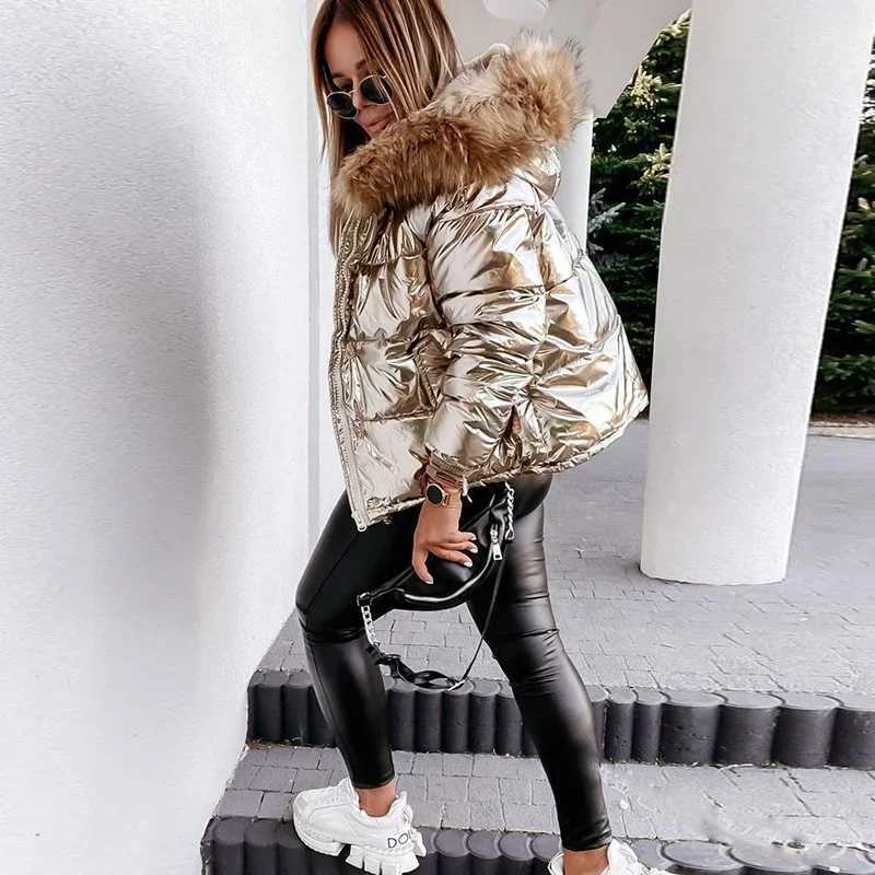 Women's Down Parkas Womens solid shiny PU jacket 2023 winter fashion big fur collar hooded cotton coat womens casual thick warm zipper park Y2410