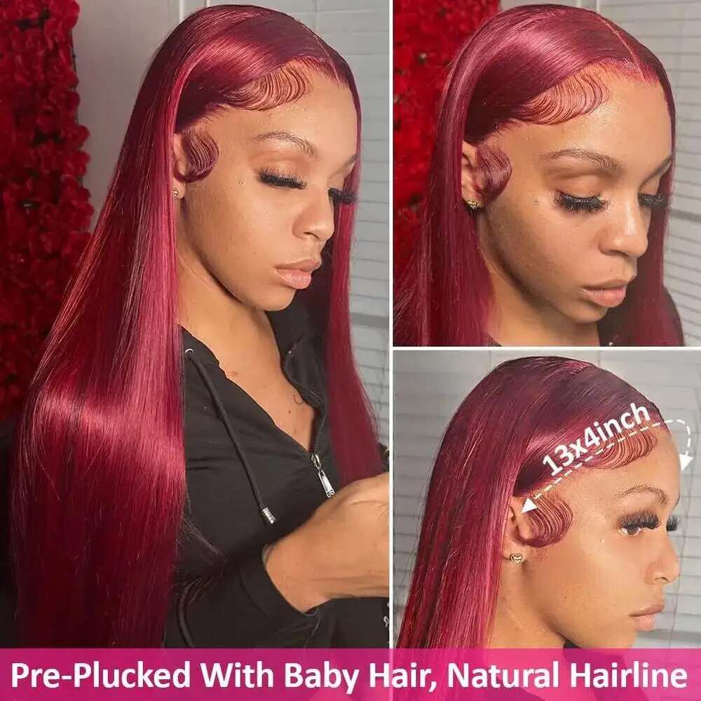 Lace j Burgundy Front Human Hair Wig Inch x Straight Frontal Wigs HD Transparent Colored Red For Women al s
