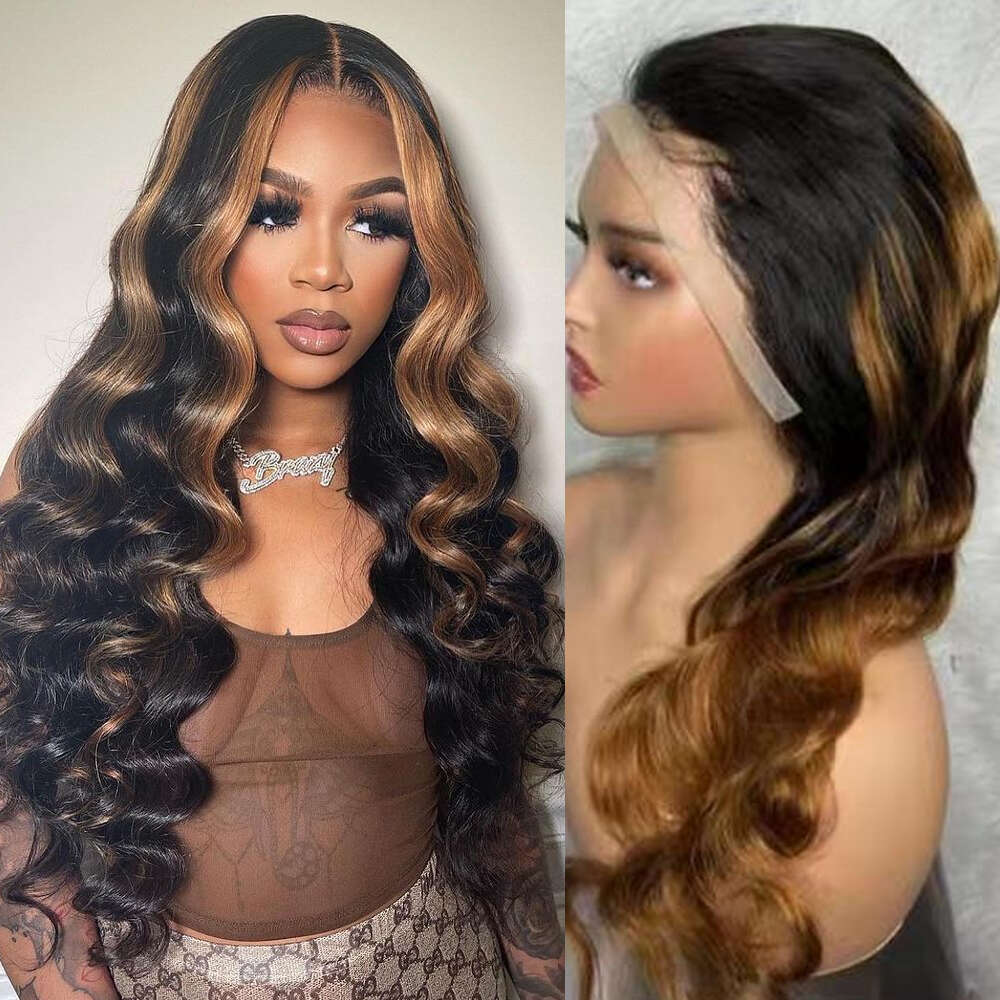 Highlights 30# Body Wave 13x4 Front Black Wig with Brown Color 13x6 Lace Frontal Human Hair Wigs For Women 30 Inch