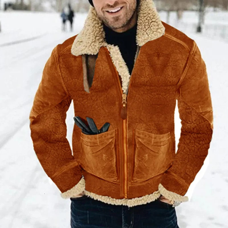 leather and fur integrated mens jacket autumn and winter thick printed jacket suede warm cashmere 241007