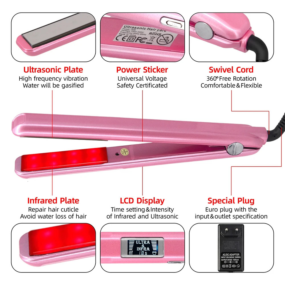 Hair straightener with infrared and ultrasonic technology for professional cold hair care and ironing used for curling drying restoring damage and iro