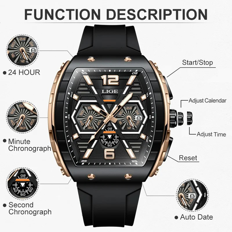 Relogio Masculino LIGE Mens Watch y Waterproof Quartz Enhances Wrist Glow Date Sports Silicone 241009