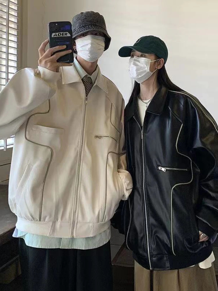 Gmiixder Leather Jacket Unisex Trend Hong Kong Style Original Personality Handsome Locomotives Men Women PU Coat 241010