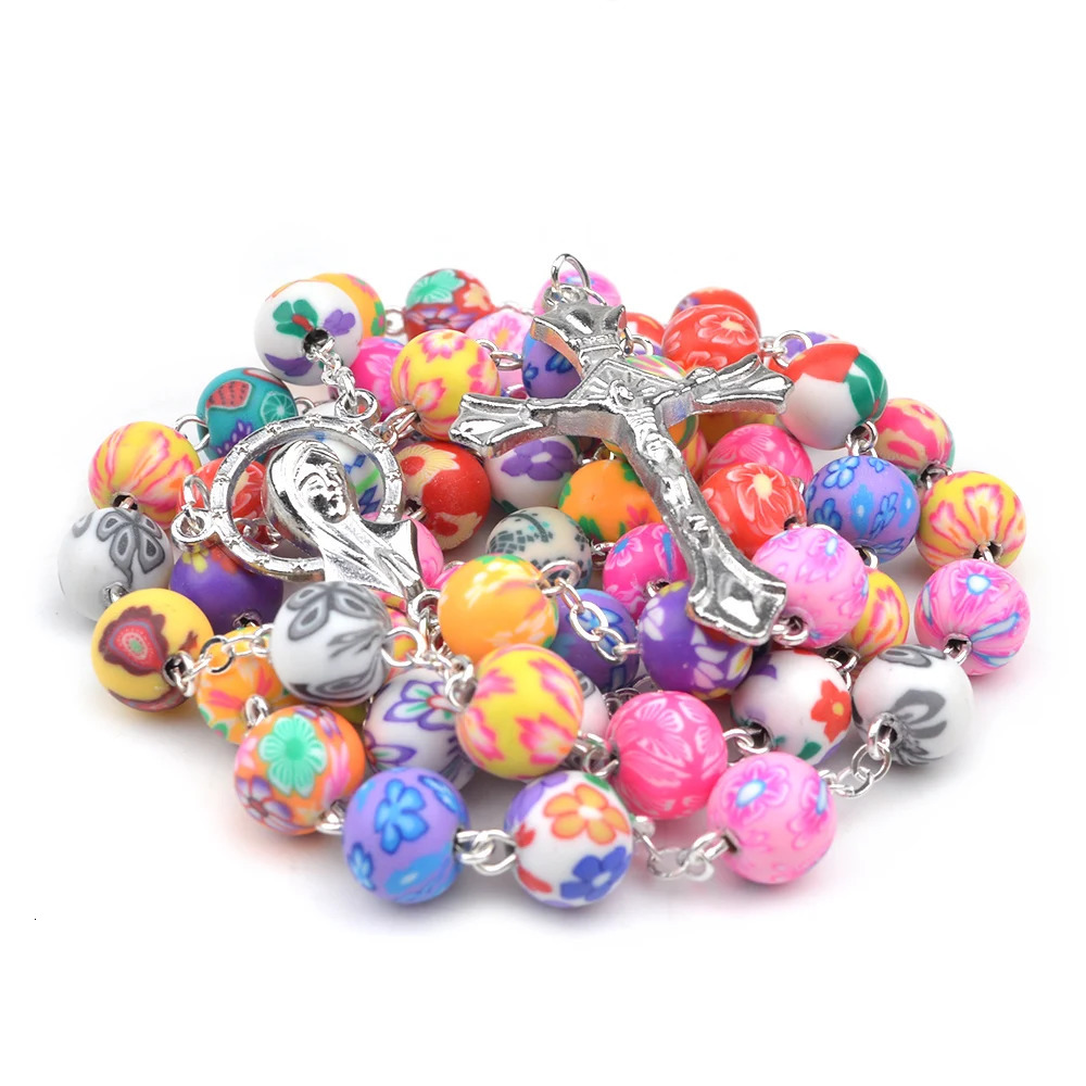 Colored polymer clay bead necklace Virgin Mary Christian Catholic rose necklace 241018