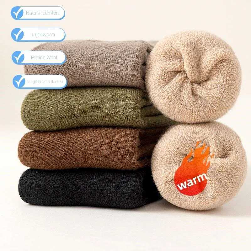 1Pair Mens Winter Wool Socks Warm Thickened Merino Wool Socks Cotton Solid Color Cold-proof Snow High Quality Cashmere SockXJ241019