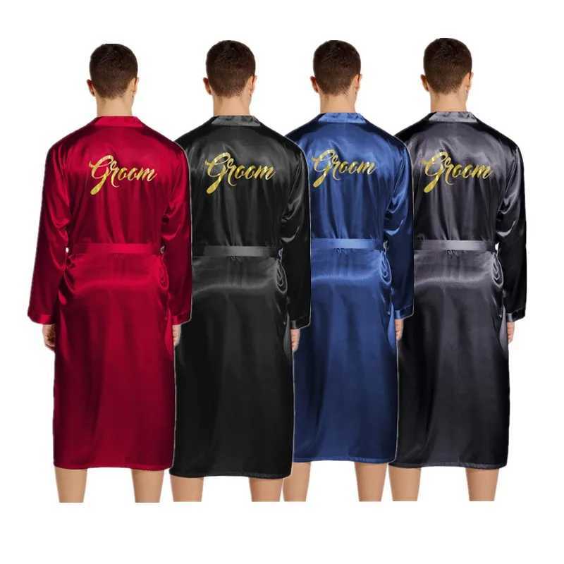 Groom Wedding Robe with Pocket Bronzing on The Back Satin Silk Bathrobe for Men Wedding Party Sleepwear Kimono Robe T145XJ241018