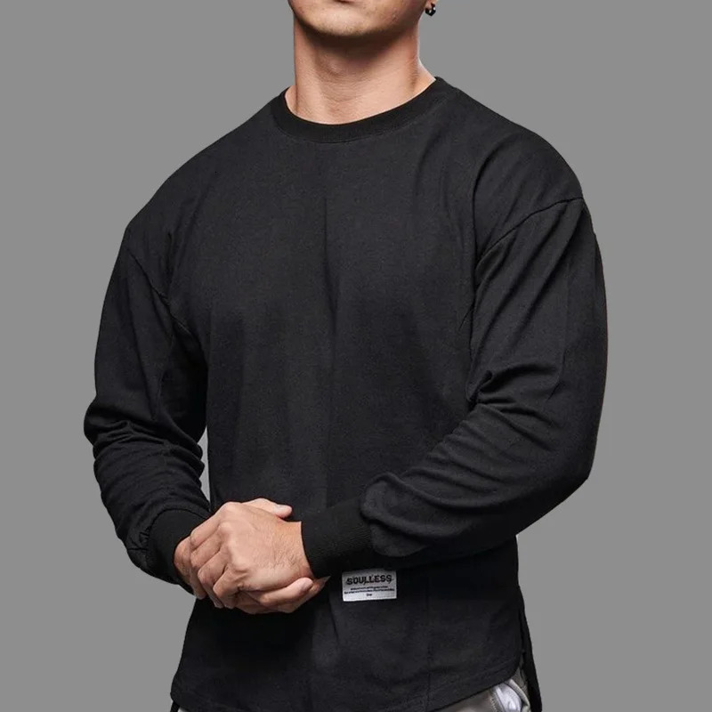 Mens long sleeved pure cotton T-shirt with curved hem mens autumn sports streetwear 241018