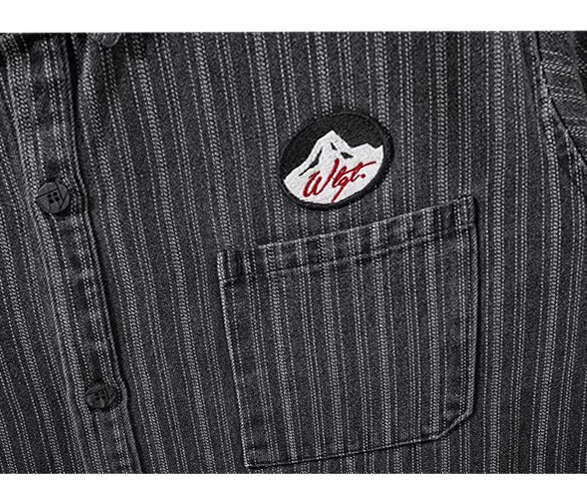 shanshi Men's shirts American badge embroidered striped denim long sleeve men casual cool trendy workwear shirt for men
