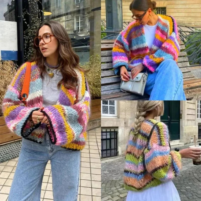 Rainbow Grid Sweater Embroidery Striped Cardigan Women Irregular Geometric Long Sleeved Cardigan Knitted Sweater Ins Loose Top 241009
