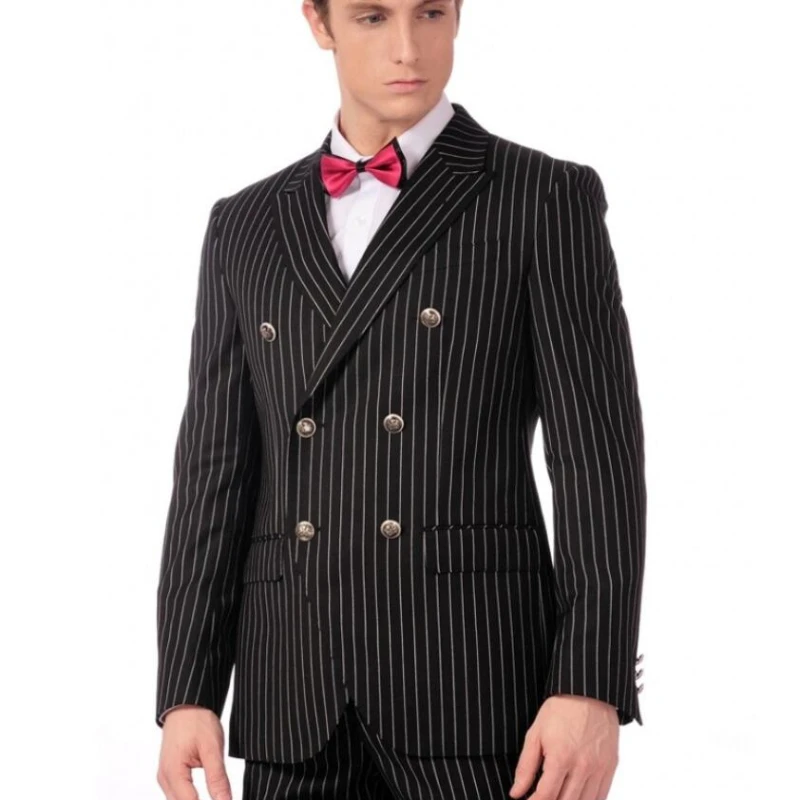 Pinstripe Italian Suits for Men with Double Breasted 2 Piece Striped Formal Business Jacket with Pants Male Wedding Groom Tuxedo