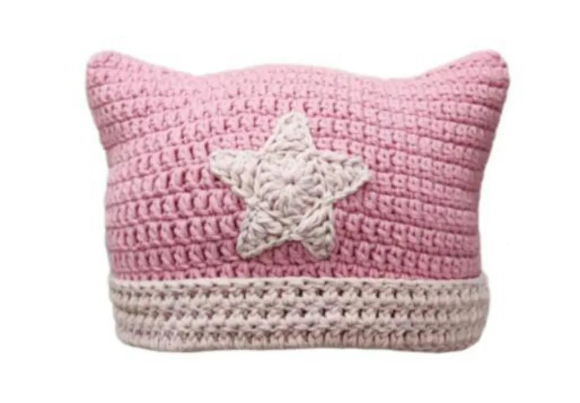 Y2K Crochet Stripe Pattern Handmade Cat Ear Hat Soft Winter Warmer Knitted Hat Cold Winter Presents for Students Teenagers Gorra 241007