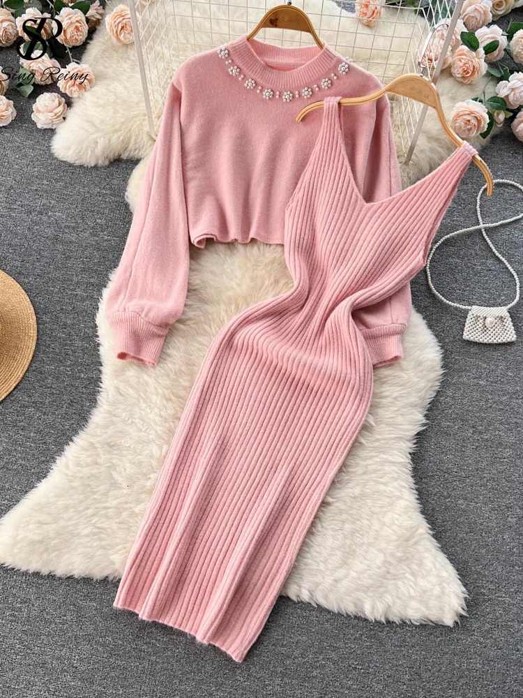 Singreiny Winter Womens Knitted Set Fashion Bread Long Sleeve Pearl SweaterKnitted Camis Dress Set Fashion Sweater Set 241018