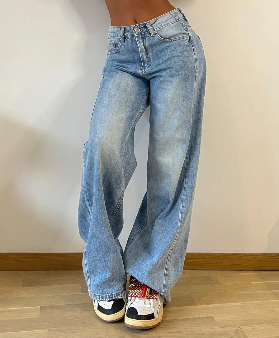 Women Jeans Denim Wide Leg Pants High Waist Washing Loose Fit Pockets Zipper Fly Flat Streewear Spring 2024 Slight Strech 241007