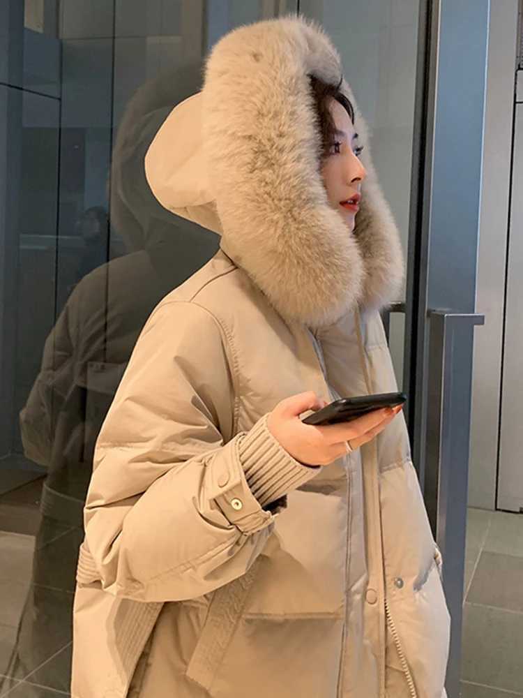 Winter Big Fur Collar Warm Parka Down Jackets Women White Duck Down Jacket Hooded Thick Neck Long Knee Length Down Coat FemaleX241019