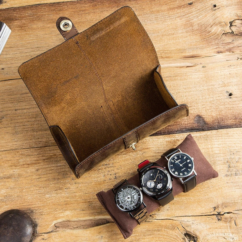 Leather 3-slot watch box handmade watch roll travel box wrist bag exquisite retro slider feed organizer 241018