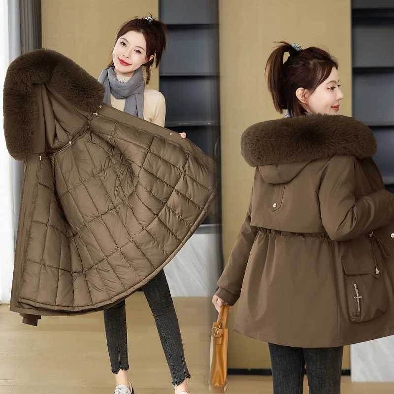 Women Winter Jacket New Down Cotton Coat Mid Long Korean Detachable Cotton Lining Hooded Parkas Female Windbreakers OuterwearX241019