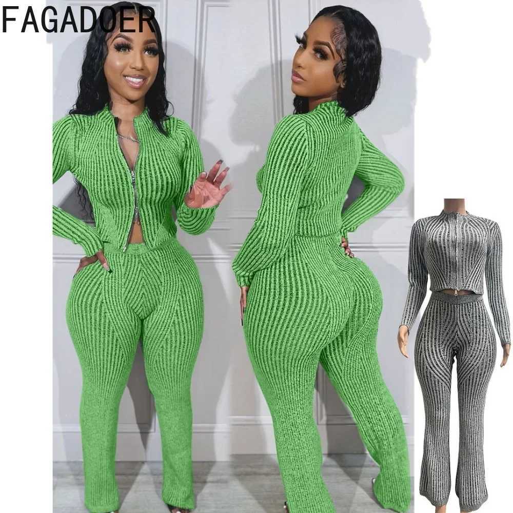 Women's Two Piece Pants FAGADOER autumn new knitted casual 2-piece set womens solid zipper ultra-thin crop top and Flare pants set womens clothin