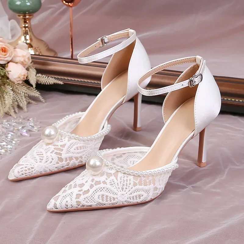 New single strap toe hollow sandals for women French lace wedding dress bridal shoes mesh pearl high heels Y241019