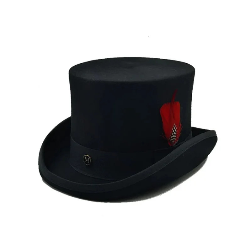 Fedoras wool feather magic high hat British black jazz top hat mens flat head hat Webbing sombrero de copa Britanico 241018